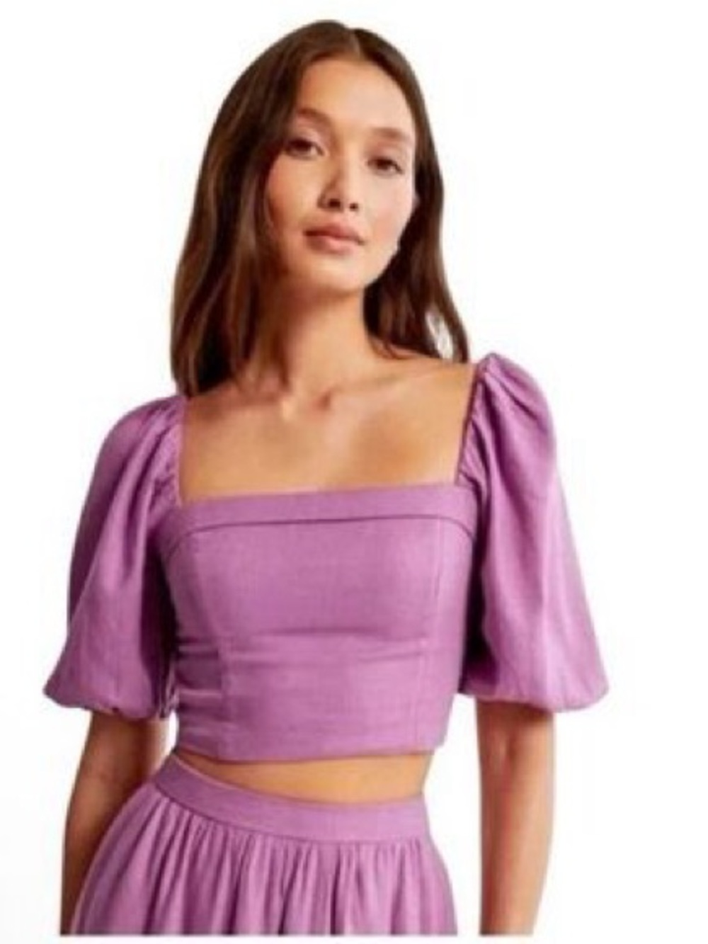 Abercrombie & Fitch Linen Blend Square-Neck Puff Sleeve Crop Top XL Lilac NEW